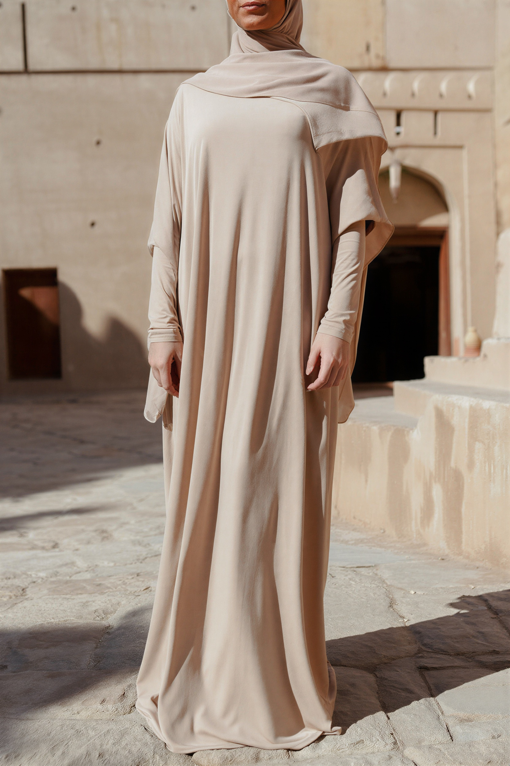 SB Relaxed Batwing Jersey Abaya AS015 in Beige