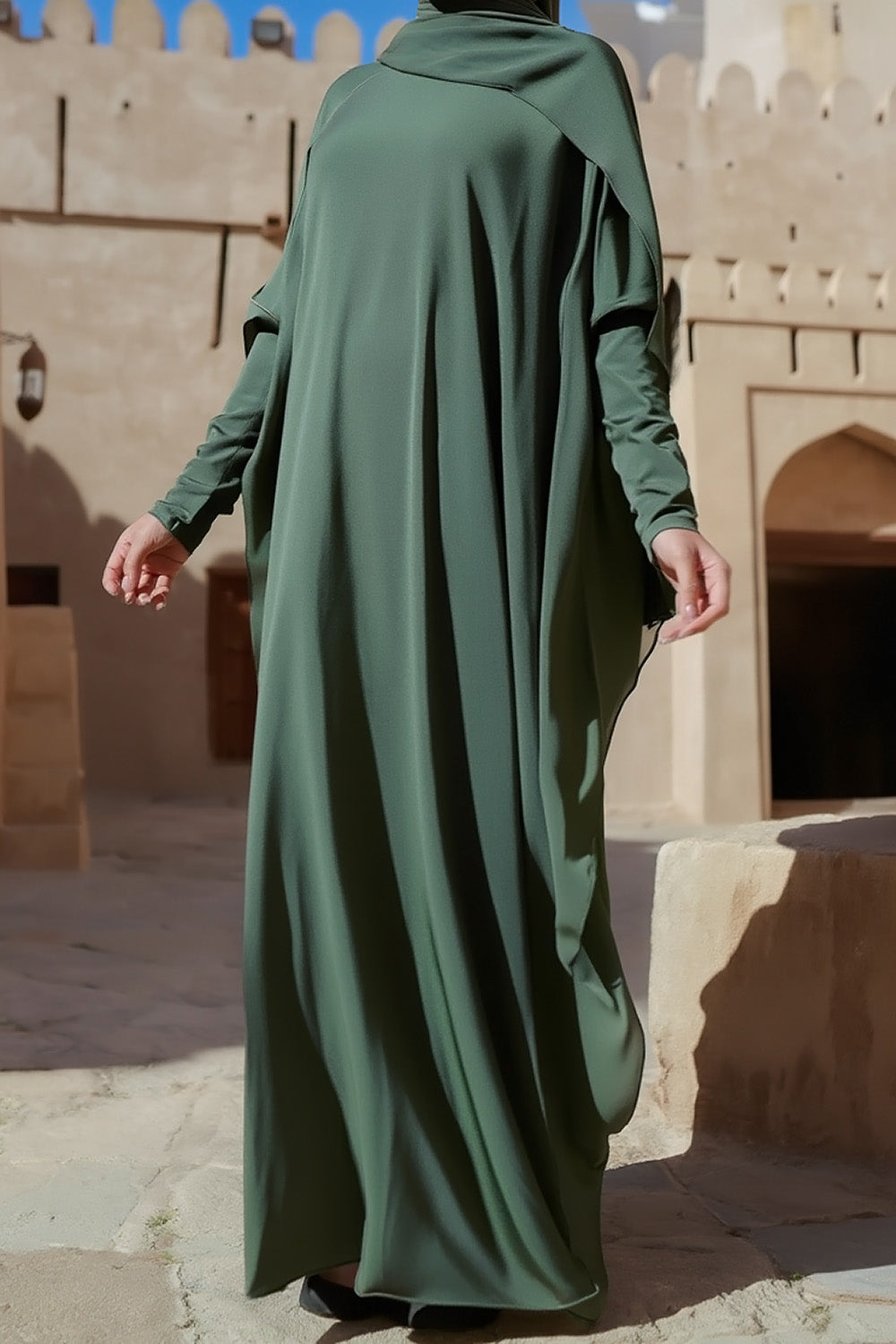SB Relaxed Batwing Jersey Abaya AS015 in Dunkelgrün