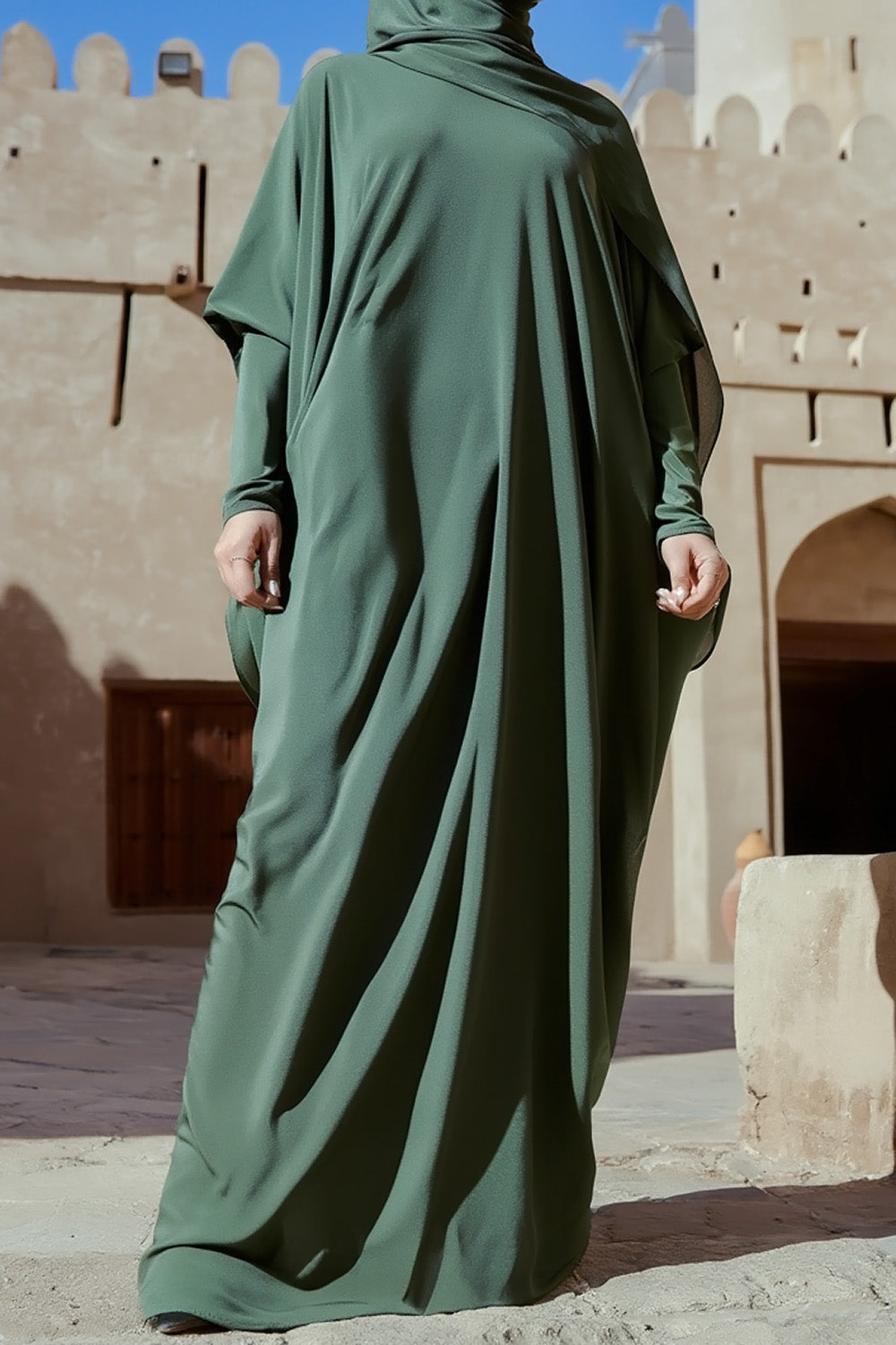 SB Relaxed Batwing Jersey Abaya AS015 in Dunkelgrün