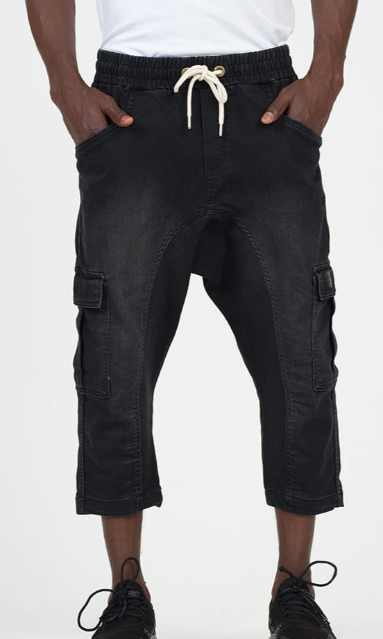  QL Pantacourt Cargo Jeans in Black - QABA'IL,
